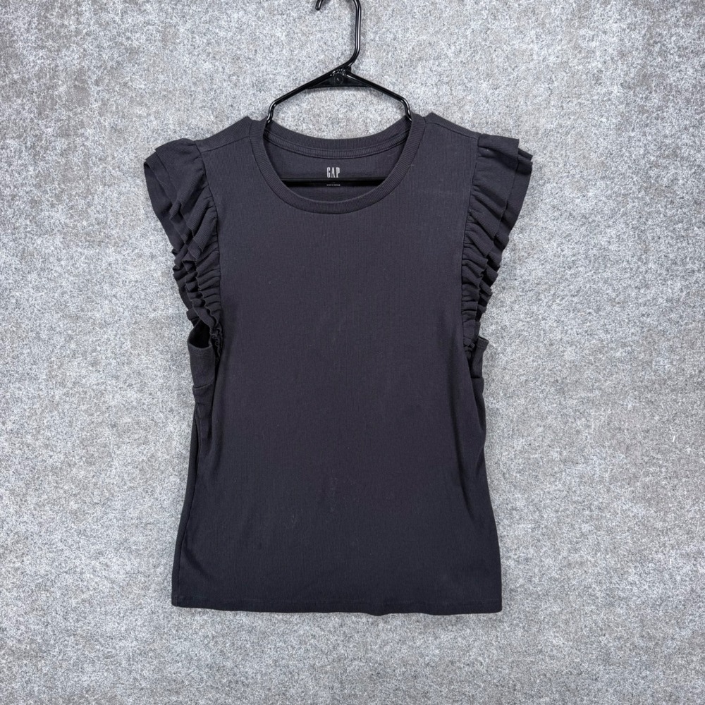 GAP Womens XL Black Ribbed Ruffle Sleeve Top Crew Neck Casual Flutter Blouse